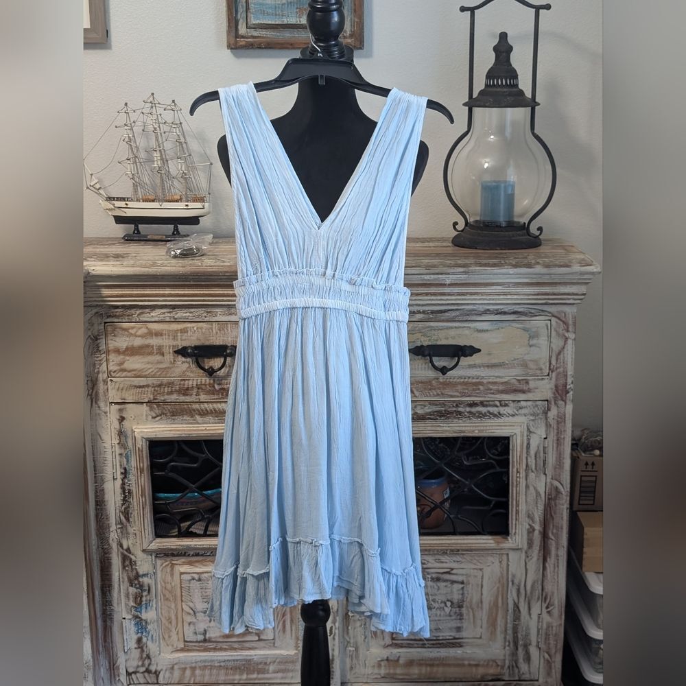 NWOT India Boutique Blue Ruched Midi Dress/Cover-up V-Neck, Free Size